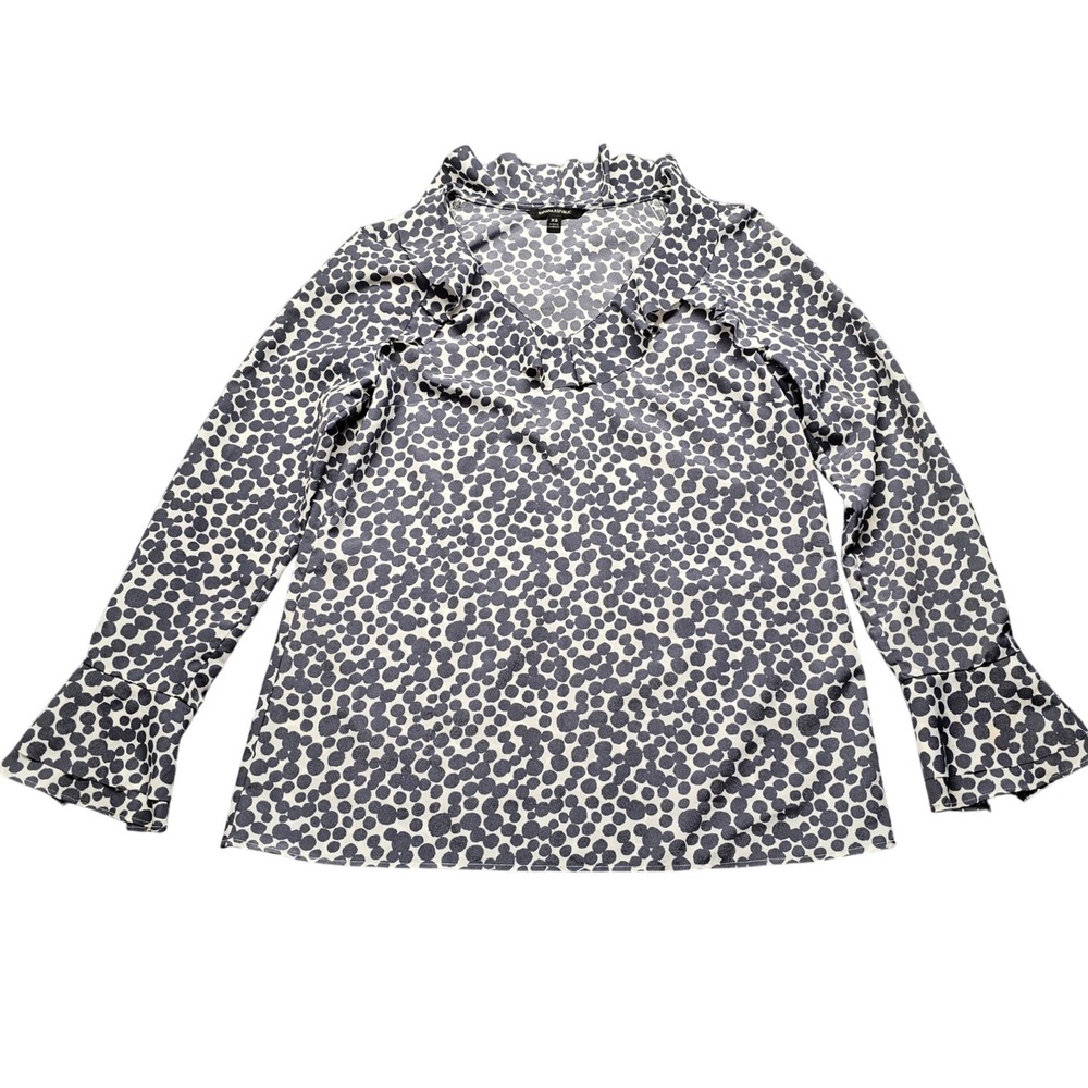 Banana Republic Womens XS Navy White Polka Dot Ruffle V-Neck Blouse 482668-00